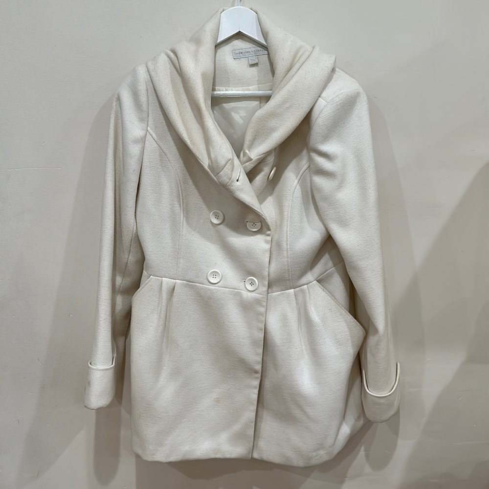 Women’s New York & Company Faux Wool Double Breasted Shawl Collar Coat Cream M